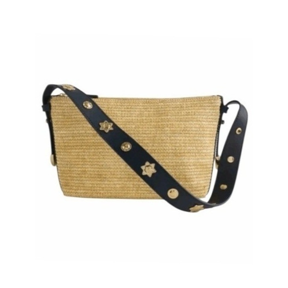 Madewell Sun Medallion Straw Shoulder Bag Natural Black Leather